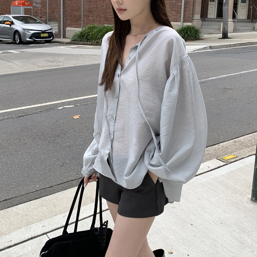 데일리 셔링 블라우스 빅사이즈 루즈핏 셔츠블라우스 하객룩 오피스룩 얇은 - 상세 이미지 2