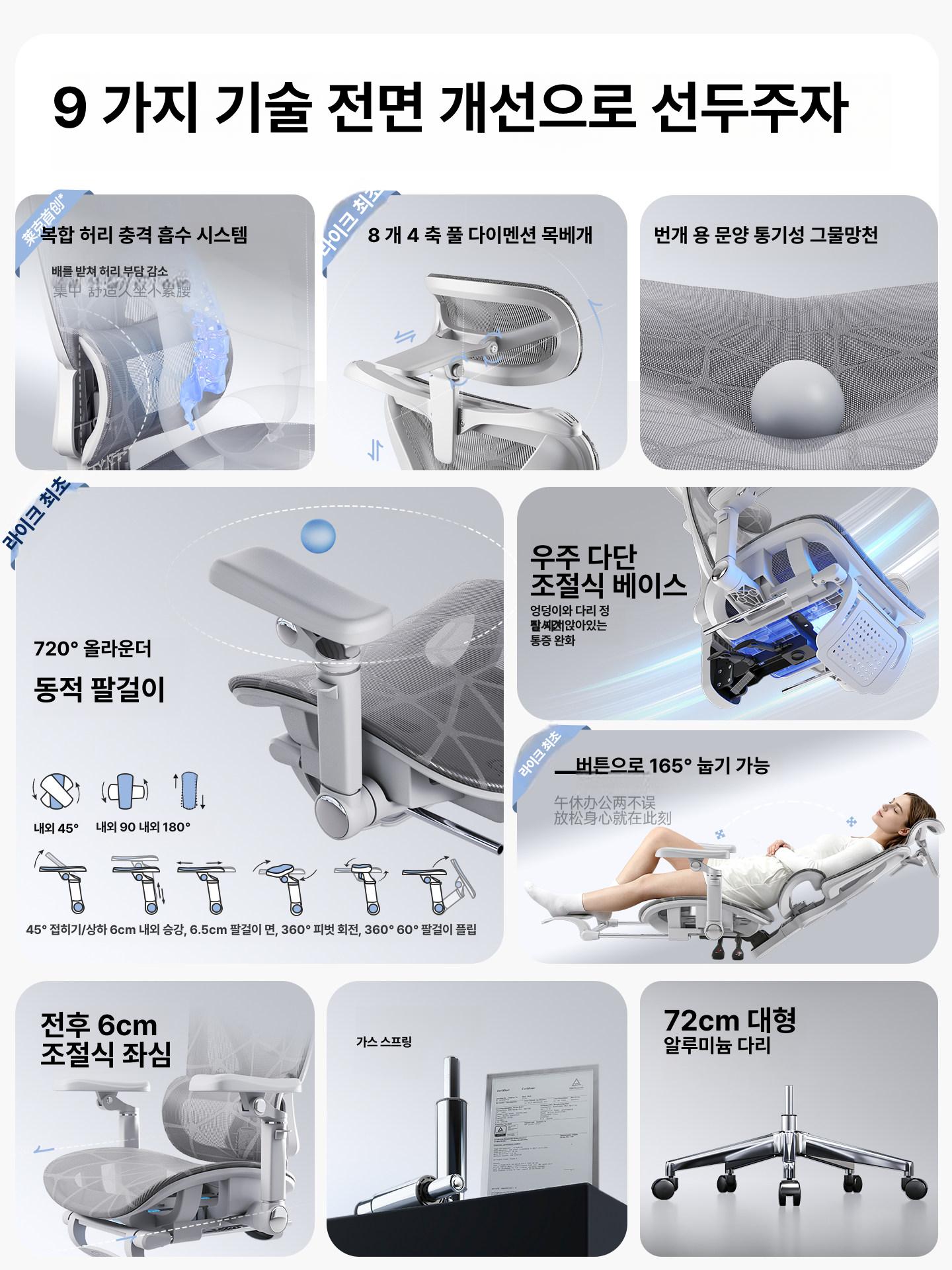 인체공학 컴퓨터 허리 지지 사무실 게이밍 집용 편안한 등받이 중간 E07 구름색 발받침 없음 알루미늄 받침대 L형 낮은 팔걸이 - 상세 이미지 2