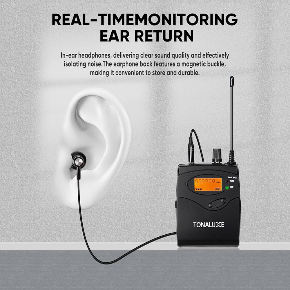 톤럭스 무선 이어 모니터 시스템, 메탈 랙마운트 송신기가 장착된 모노 IEM 4팩 UHF 바디팩 수신기/이어폰, 100개의 조정 가능한 주파수, 가수 밴드용 262피트 범위 - 상세 이미지 3