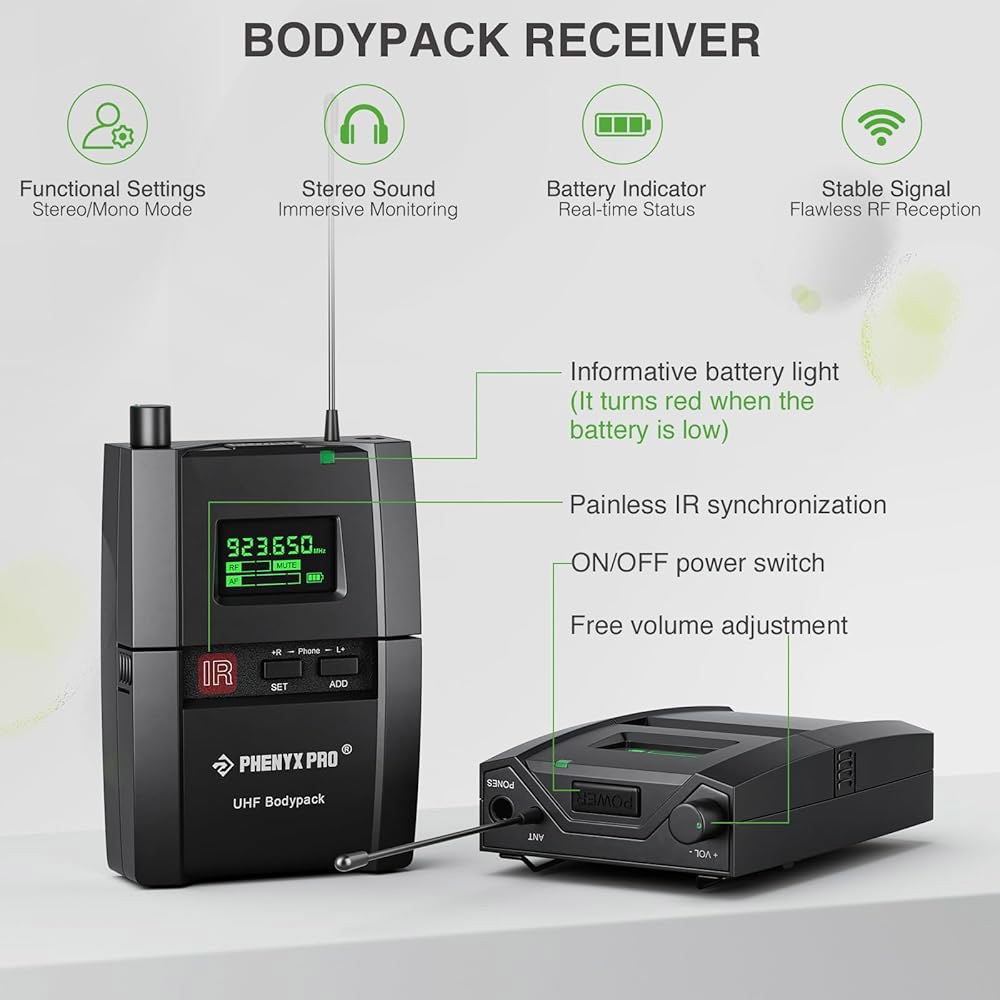 페닉스 프로 UHF 스테레오 무선 이어 모니터 시스템, IEM, 900MHz 대역 선택 가능 주파수, 랙 마운트 가능, 160피트. 작동, 무대, 스튜디오, 전시, 강연, 연설(P - 상세 이미지 3
