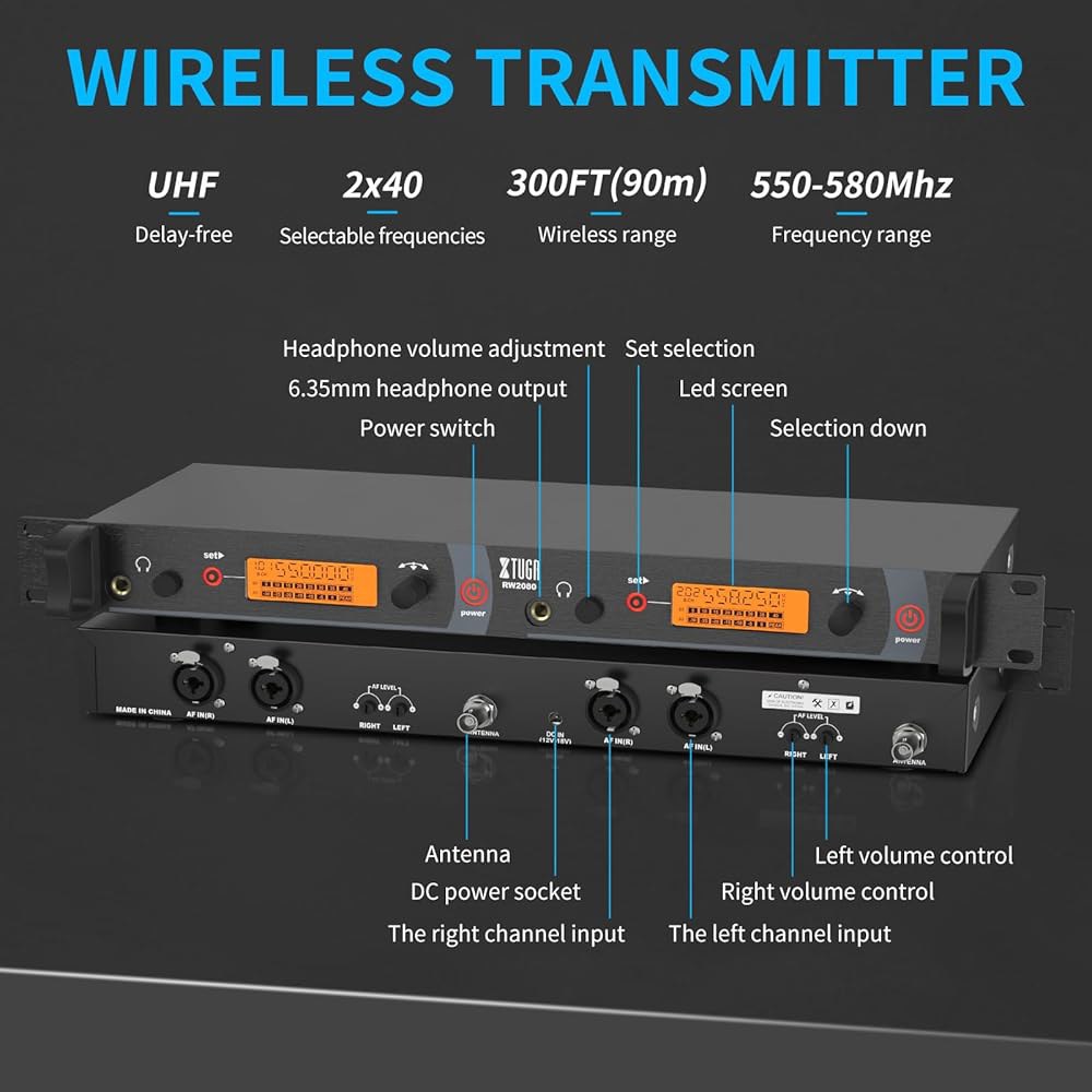 XTUGA RW2080 무선 귀 모니터 시스템, UHF IEM 음악가, 가수를 위한 모노 듀얼 채널 스테이지 모니터, 40 주파수의 바디팩 2개, 밴드용 300피트 범위, 스튜디오 - 상세 이미지 2