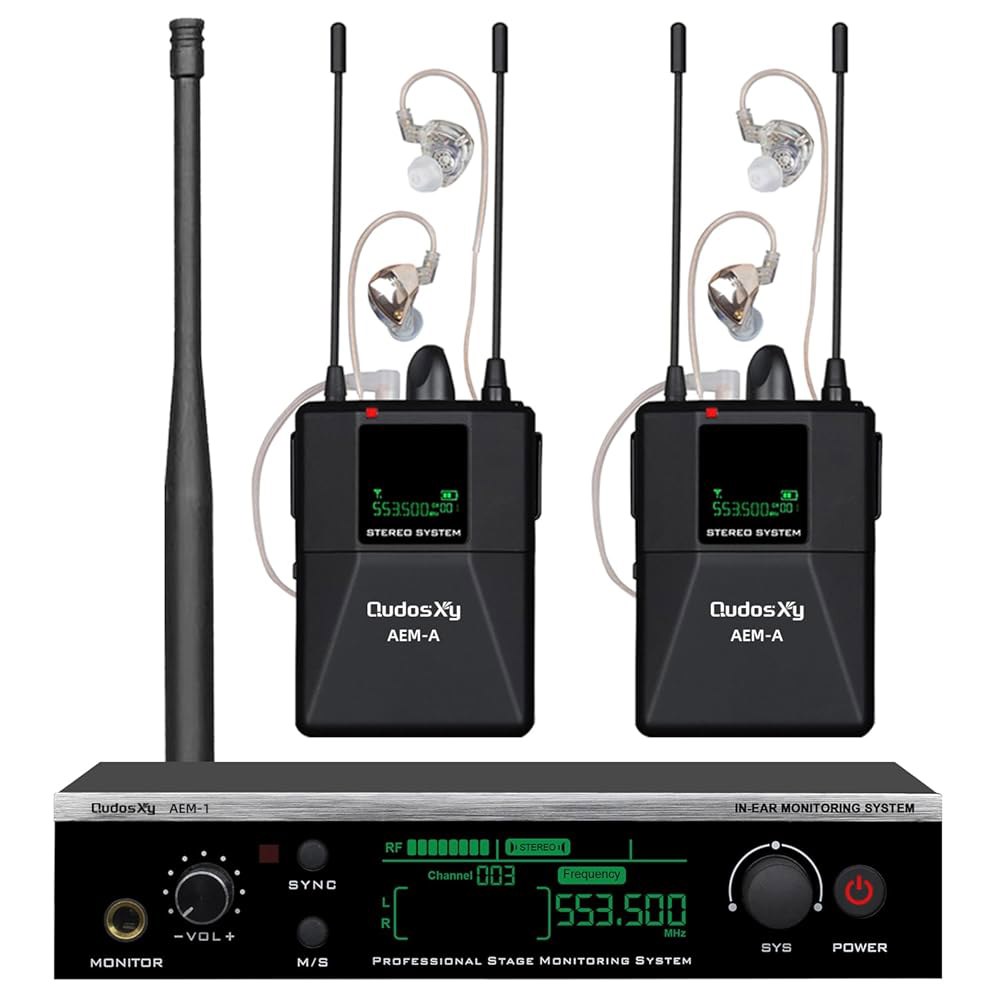 QudosXy UHF 무선 이어 모니터 시스템 - 무대 퍼포먼스, 스튜디오 녹음 및 밴드 모니터링을 위한 2개의 바디팩 수신기가 있는 듀얼 채널 스테레오 IEM 시스템, 2 - 상품 이미지