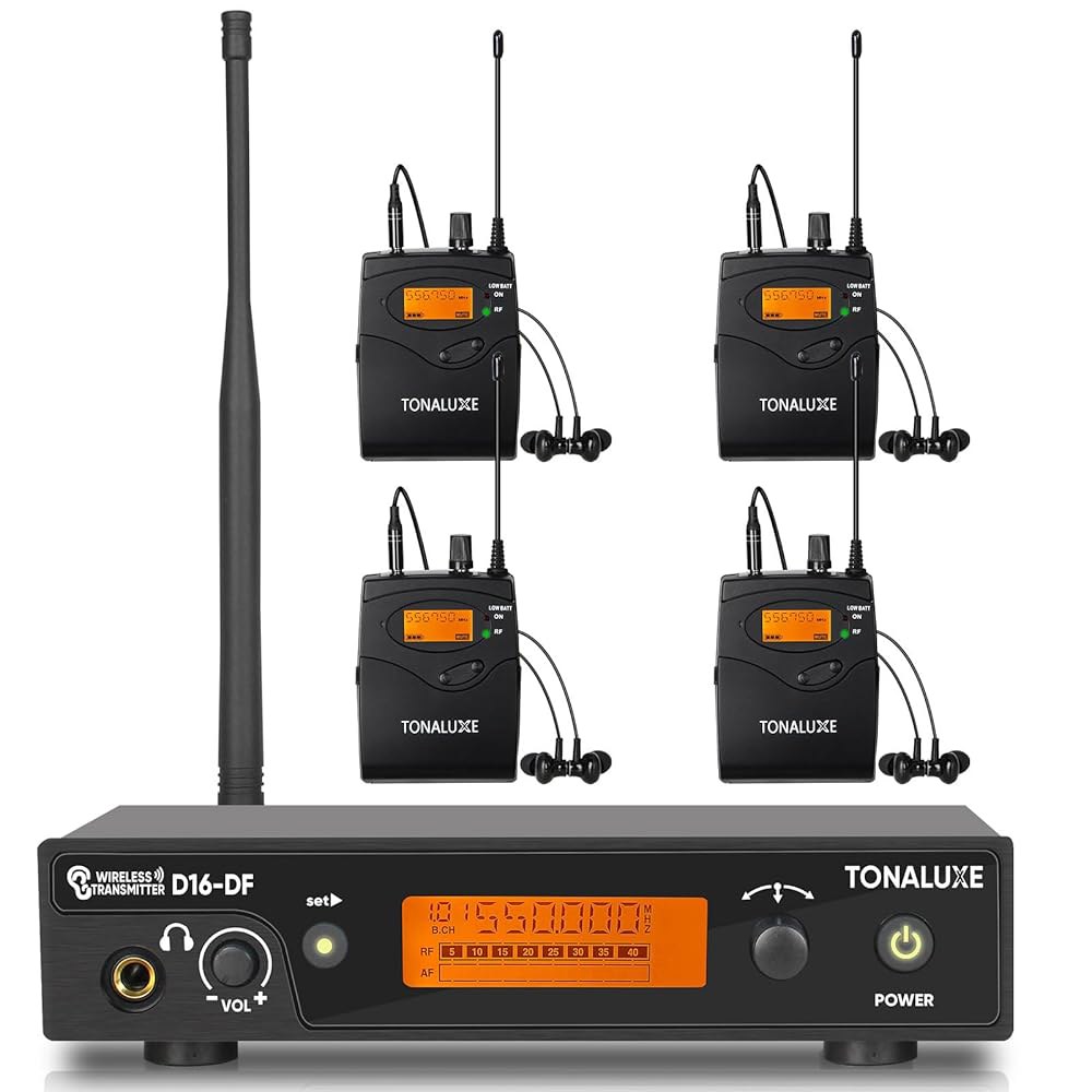 톤럭스 무선 이어 모니터 시스템, 메탈 랙마운트 송신기가 장착된 모노 IEM 4팩 UHF 바디팩 수신기/이어폰, 100개의 조정 가능한 주파수, 가수 밴드용 262피트 범위 - 상품 이미지