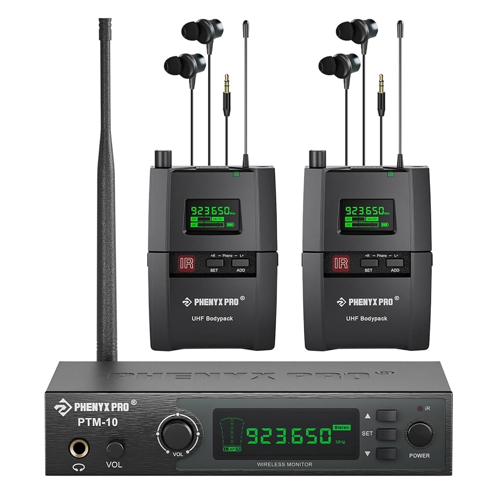 페닉스 프로 무선 이어 모니터 시스템, 트루 스테레오 UHF IEM, 음악가용 모니터, 메탈 스테이지 / 89 주파수, 랙 마운트, 스튜디오 밴드용 (송신기 포함 바디팩 2개) - 상품 이미지