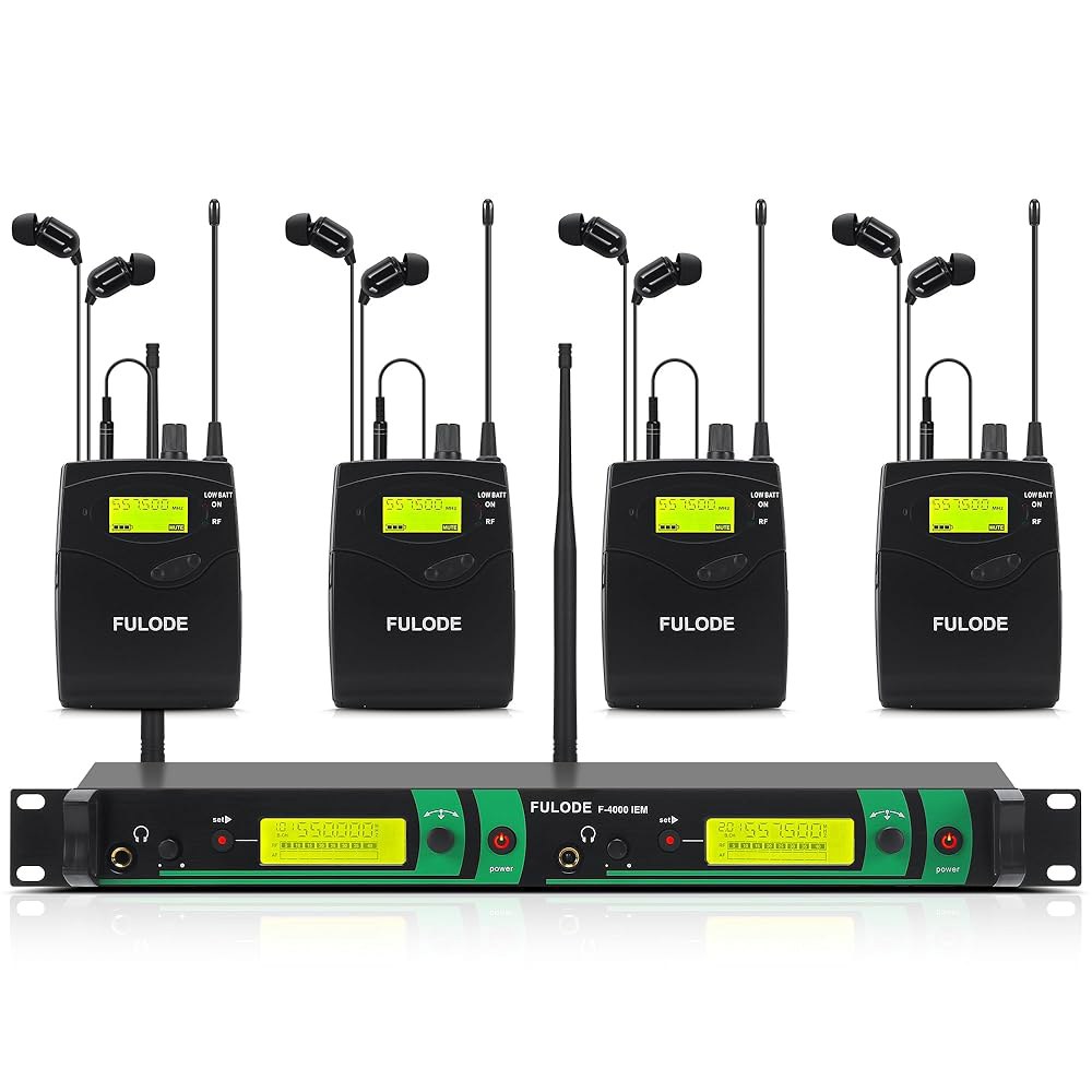 FULODE F-4000 2채널 UHF 무선 이어 모니터 시스템 2 채널 4 바디팩 모니터링 이어폰 타입 2x40 조정 가능 주파수, 330피트 범위, 무대, 스튜디오 및 교회에 - 상품 이미지
