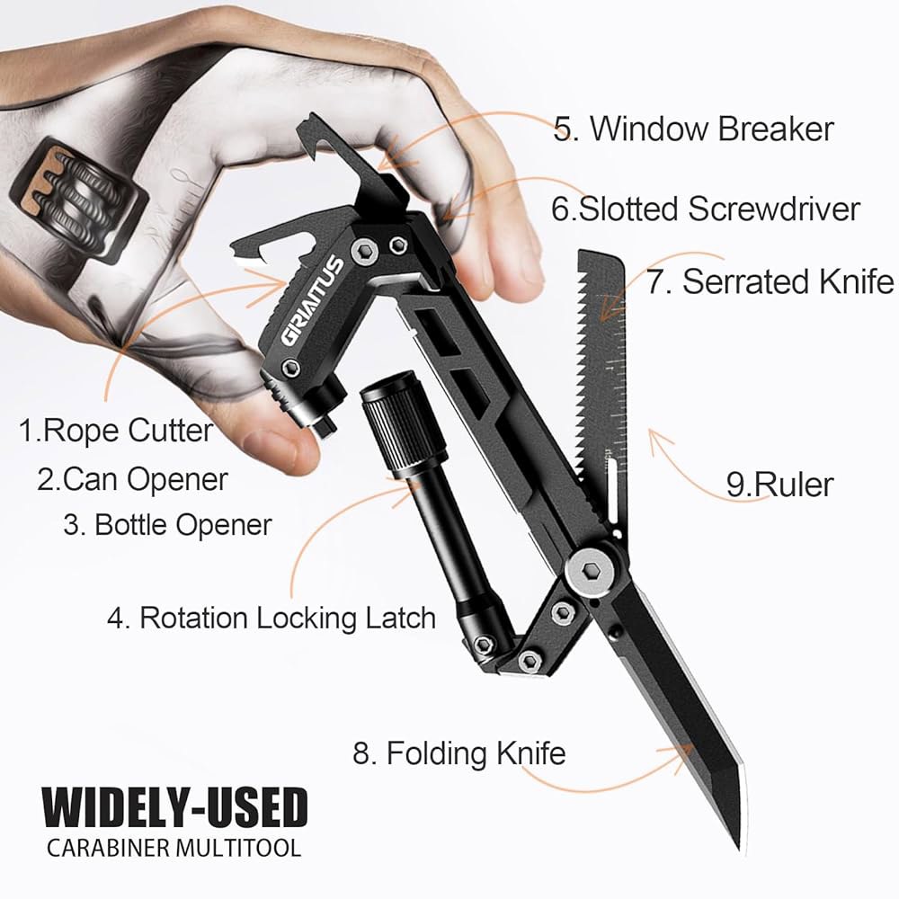 카라비너 멀티툴 8-in-1 EDC 카라비너스 포켓 나이프, 톱니 모양 로프 커터, 드라이버, 캔 병따개, 자, 캠핑 등산용 생존 장비, 남성용 선물(블랙) Black - 상세 이미지 3