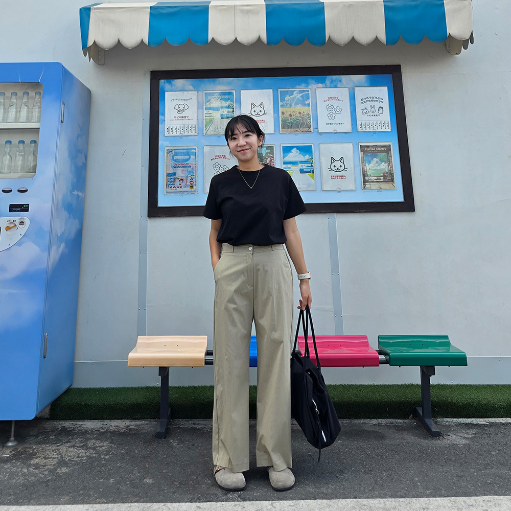 키작녀바지 여성 슬랙스 여름 일자핏 스판 밴딩 통바지 팬츠 데일리 캐주얼 베이지 - 상세 이미지 2