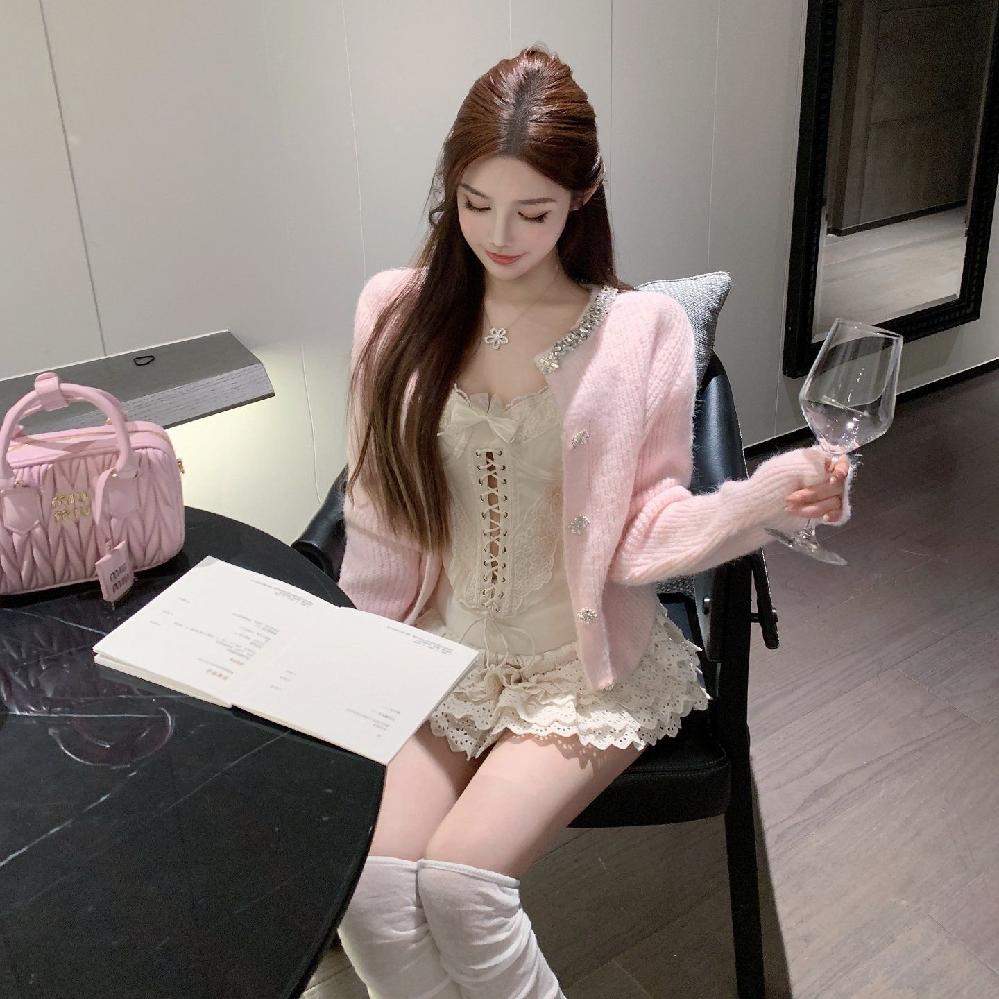 큐빅 보석 반짝이 스웨터 그레이 가디건 번개 니트가디건 기본 허리길이 여성 니트 가을 긴팔 화이트 S - 상세 이미지 2