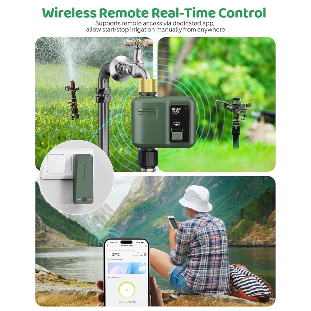 정원 호스용 WiFi 워터 타이머, 984피트 RF 범위의 스마트 스프링클러 컨트롤러, 잔디 급수 시스템 관개 APP/음성 제어, 강우 지연, 수동 관개(브라스 흡입구) 1 Pc - 상세 이미지 2