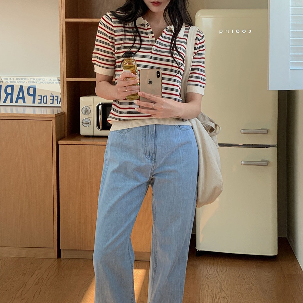 멀티 스트라이프 카라 반팔 니트 이미지 7