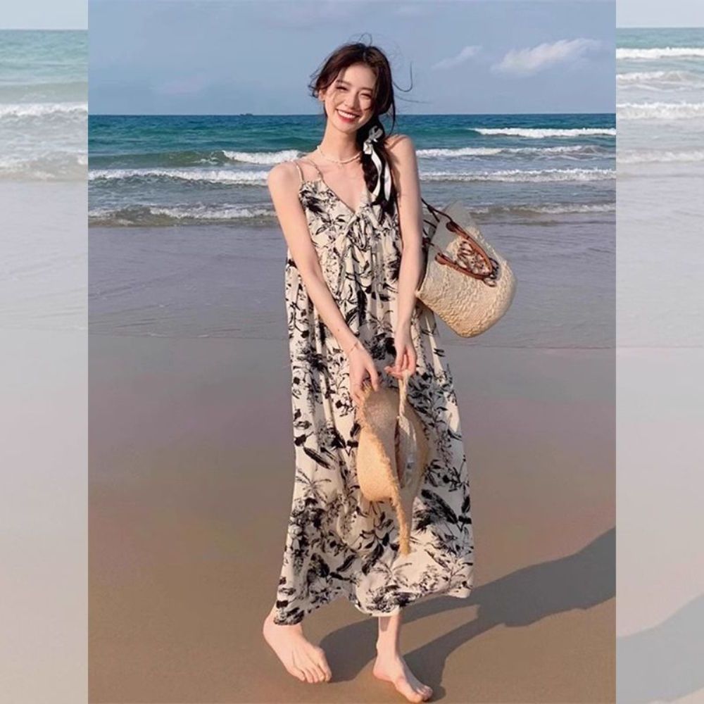 끈나시 원피스 드레스 스커트 휴양지패션 무릎길이 민소매 바캉스 비치 롱원피스 여름원피스 수묵화 S - 상품 이미지