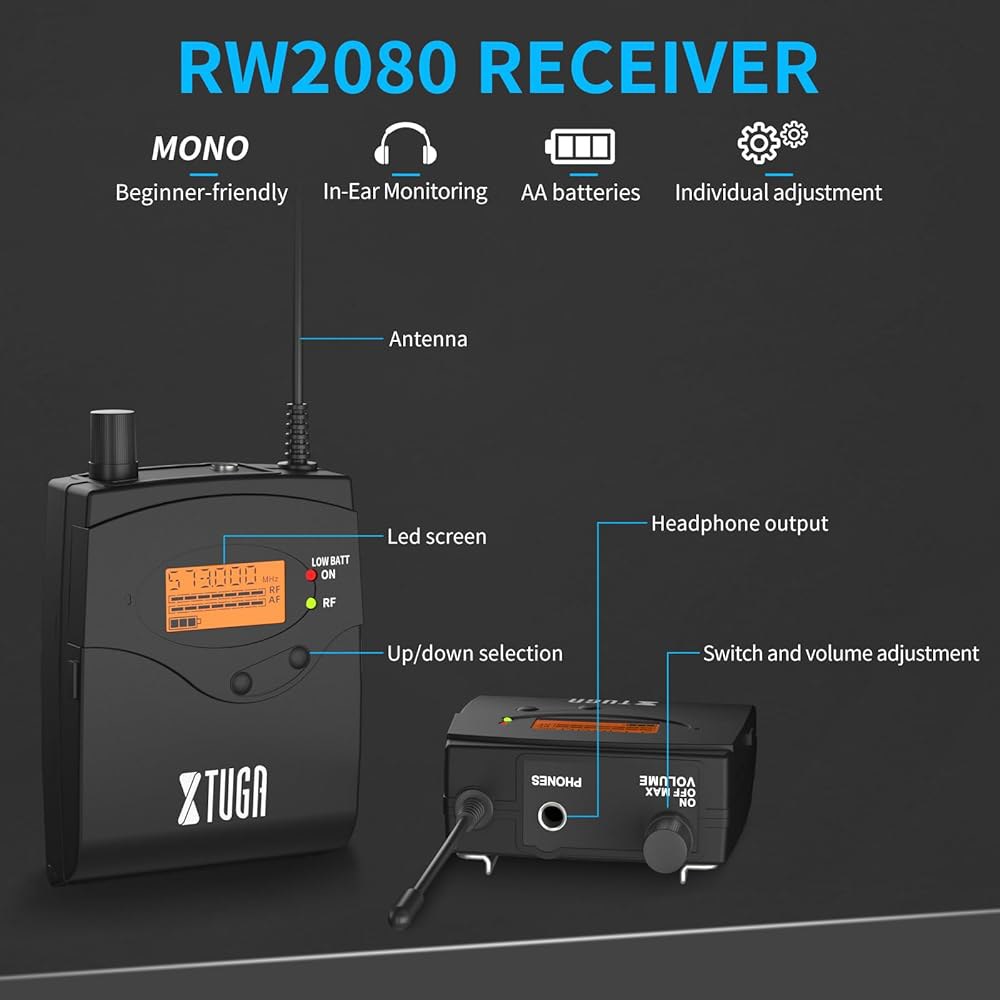 XTUGA RW2080 무선 귀 모니터 시스템, UHF IEM 음악가, 가수를 위한 모노 듀얼 채널 스테이지 모니터, 40 주파수의 바디팩 2개, 밴드용 300피트 범위, 스튜디오 - 상세 이미지 3