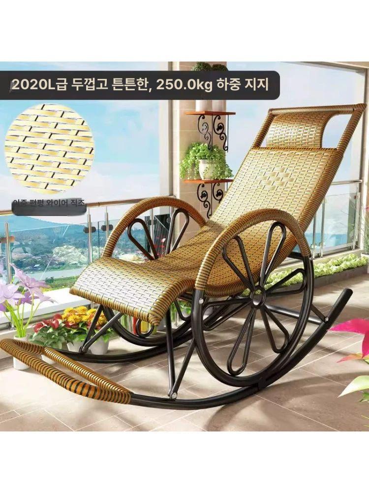 라탄 흔들의자 안락 1인용 테라스 거실 스윙 북유럽 편한 야외용 호피색 쿠션 엔틱 - 상세 이미지 3