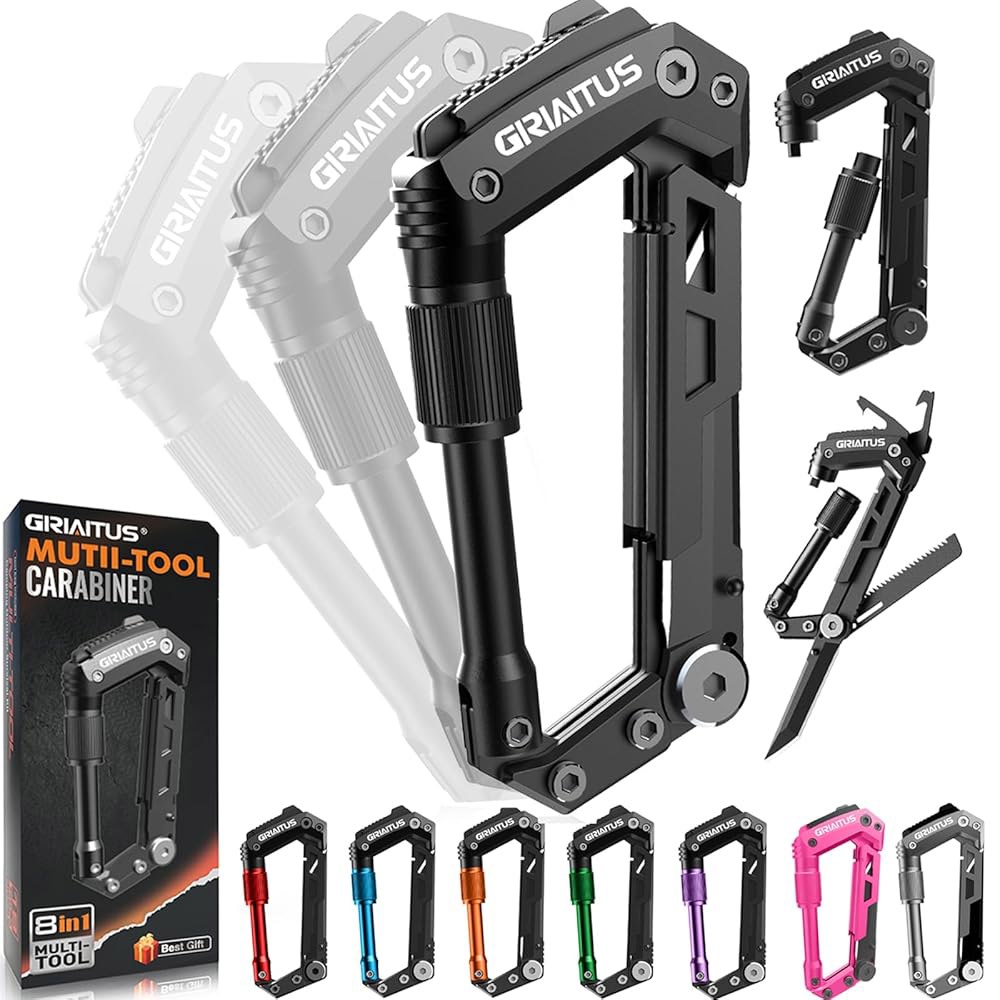 카라비너 멀티툴 8-in-1 EDC 카라비너스 포켓 나이프, 톱니 모양 로프 커터, 드라이버, 캔 병따개, 자, 캠핑 등산용 생존 장비, 남성용 선물(블랙) Black - 상품 이미지