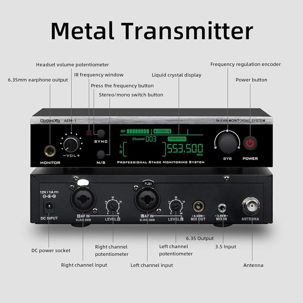 QudosXy UHF 무선 이어 모니터 시스템 - 무대 퍼포먼스, 스튜디오 녹음 및 밴드 모니터링을 위한 2개의 바디팩 수신기가 있는 듀얼 채널 스테레오 IEM 시스템, 2 - 상세 이미지 3