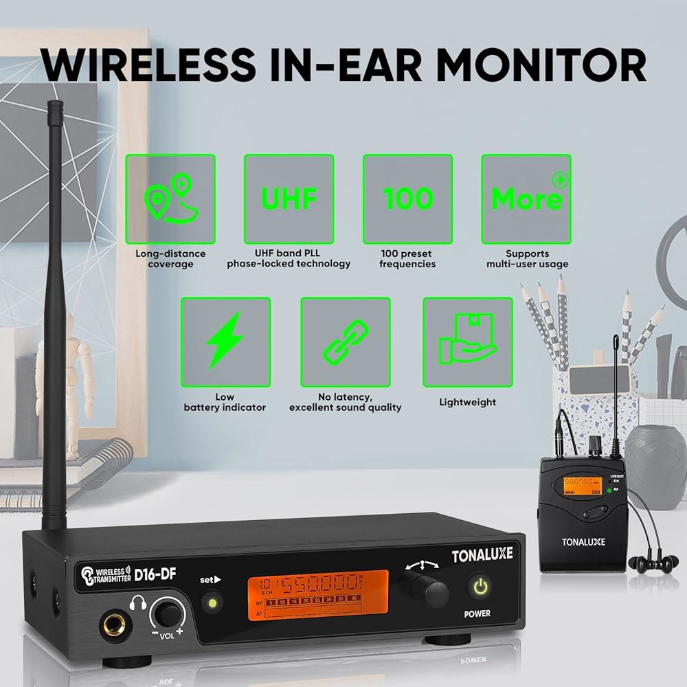 톤럭스 무선 이어 모니터 시스템, 메탈 랙마운트 송신기가 장착된 모노 IEM 4팩 UHF 바디팩 수신기/이어폰, 100개의 조정 가능한 주파수, 가수 밴드용 262피트 범위 - 상세 이미지 2