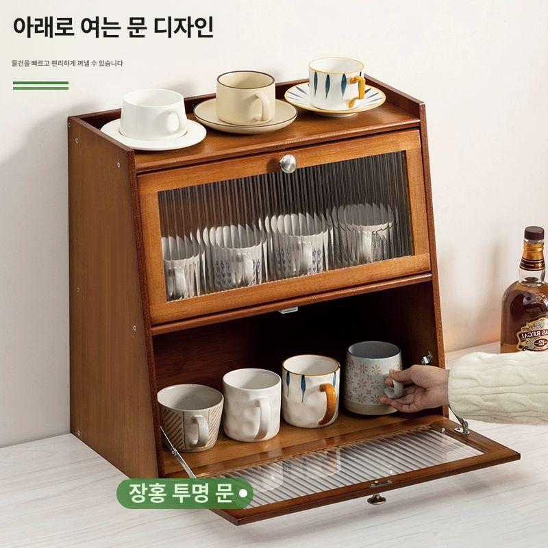 원목 그릇장 소형 도어형 진열장 선반 찬장 쇼케이스 수납 우드 캐비닛 다용도 목재 - 상세 이미지 5