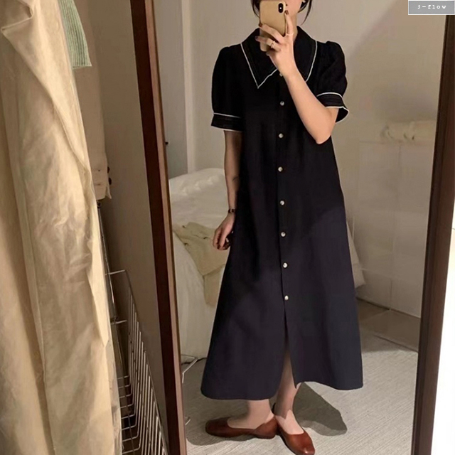 스텔라 린넨 배색 카라 버튼 롱원피스 (오트밀,네이비) 여름 봄 맥시 루즈핏 제이플로우 - 상세 이미지 3