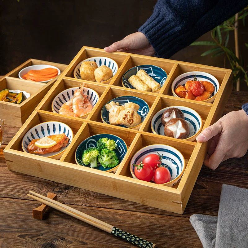 도시락통 나무 찬합 수납함 정사각 런치박스 벤또 9칸 2칸 두꺼운 대나무 - 상세 이미지 3