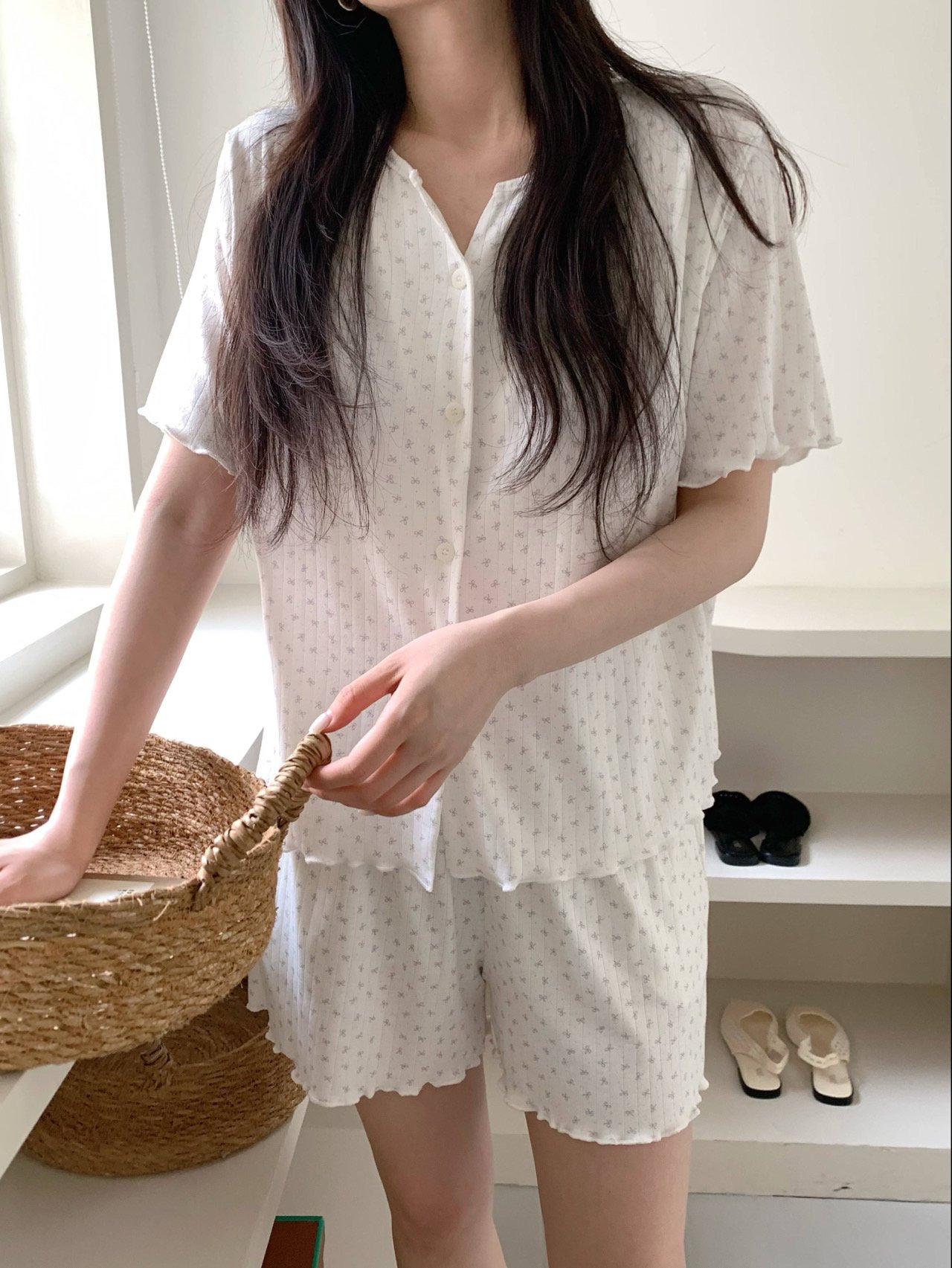 잔꽃 캡내장 반팔잠옷 반바지 노브라 스판 수유 홈웨어 파자마 여름 이미지 8