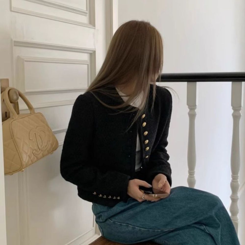 자켓 숏 트위드 노카라 아우터 루즈핏 간절기 라운드넥 하객룩 펀칭 데이트룩(1) 블랙 안감 레귤러 S - 상세 이미지 2