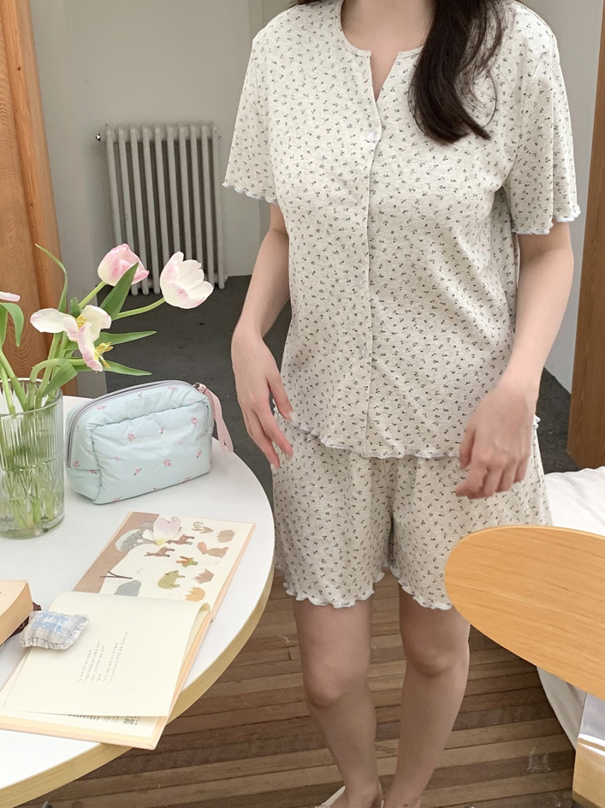 캡내장 반팔잠옷 반바지 노브라 스판 수유 홈웨어 파자마 여름 - 상품 이미지