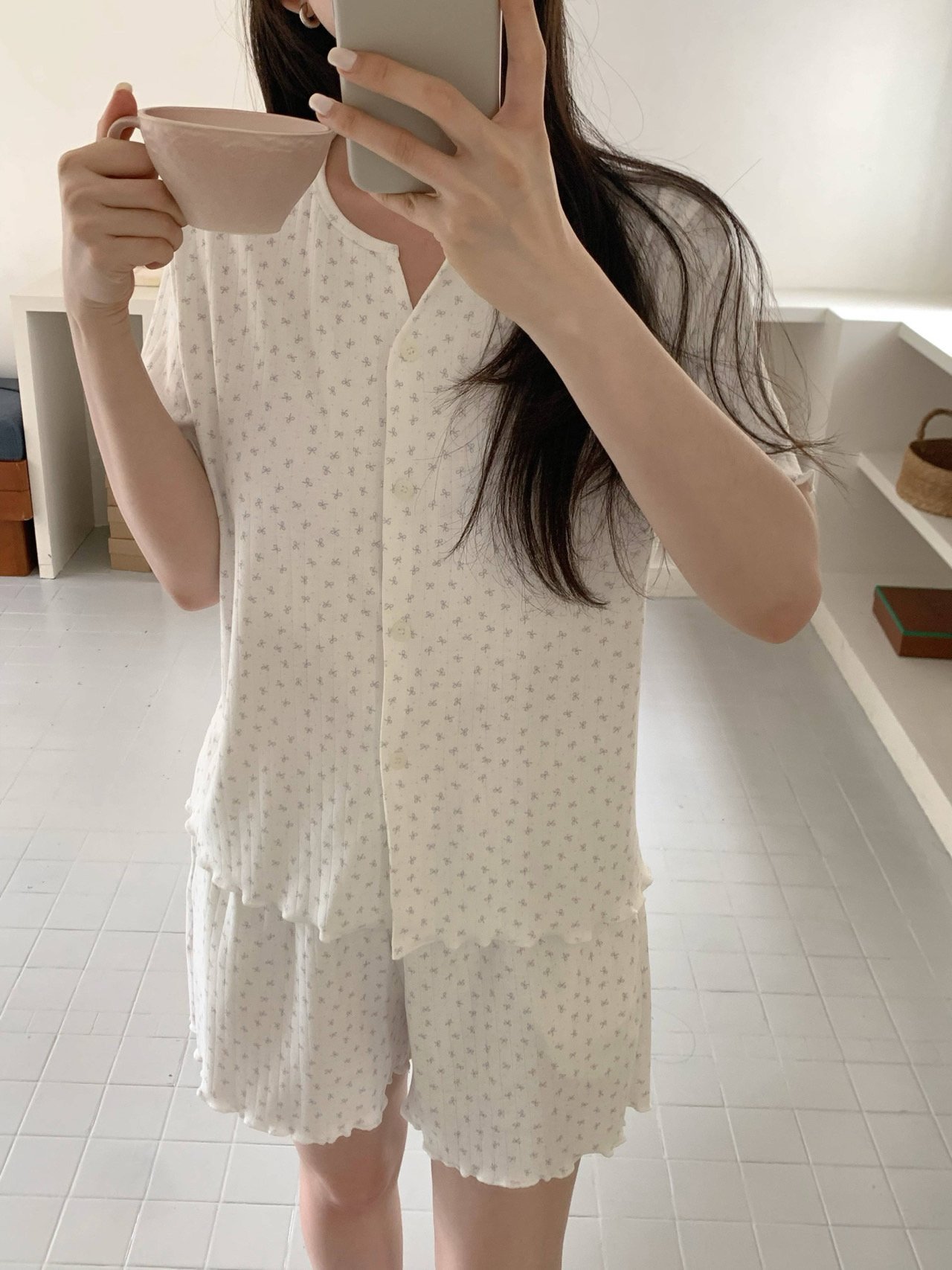 잔꽃 캡내장 반팔잠옷 반바지 노브라 스판 수유 홈웨어 파자마 여름 - 상세 이미지 3