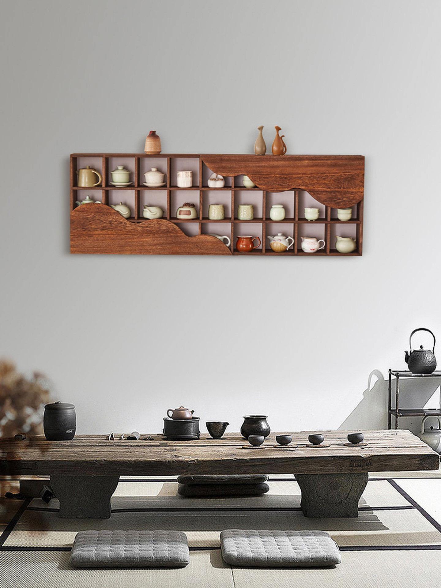 다기장 찻잔 진열장 원목그릇장 벽걸이 진열대 장식장 27칸 플로럴 도어 (길상운) 123x42cm - 상품 이미지