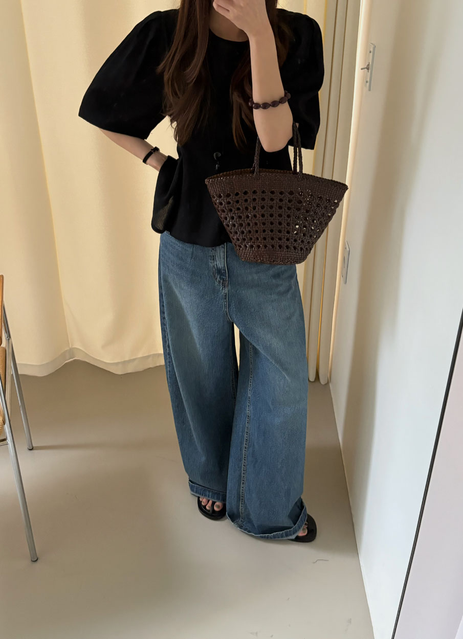 바스켓 포에브 블라우스 5부 팔뚝커버 셔링 허리스트링 퍼프블라우스 (2c) 이미지 3