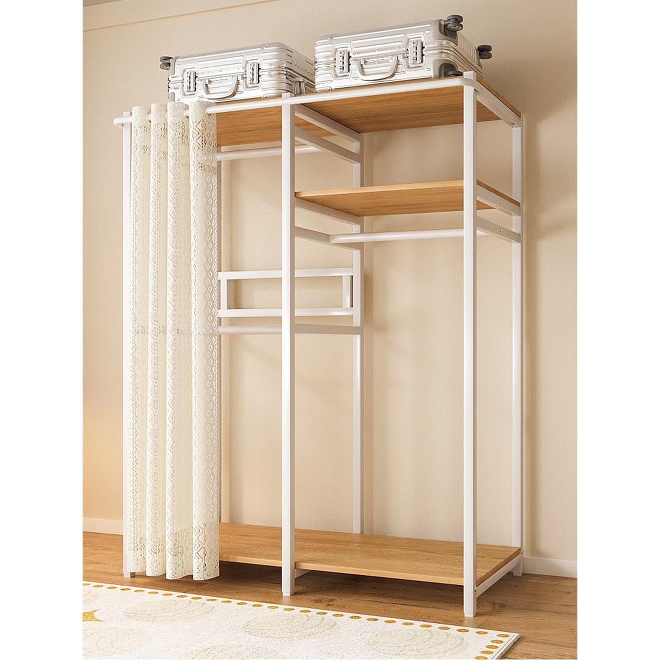 조립식 시스템행거 커튼 원목 가구 시스템행거커튼 커튼행거 DIY 흰색 옷걸이 2단 1 커튼C타입80x45x200높이높이깔끔 심플 - 상세 이미지 2