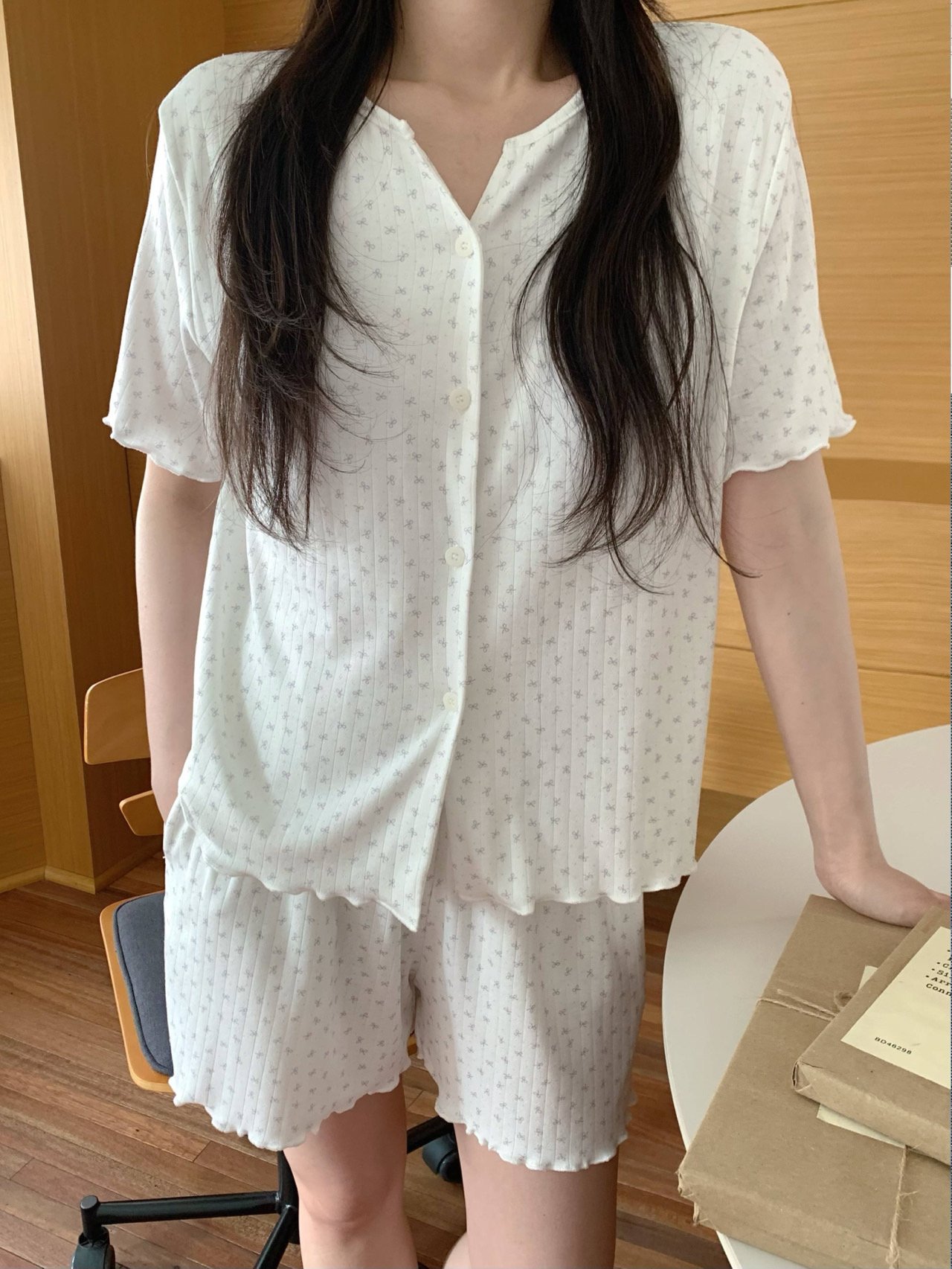 잔꽃 캡내장 반팔잠옷 반바지 노브라 스판 수유 홈웨어 파자마 여름 - 상세 이미지 2