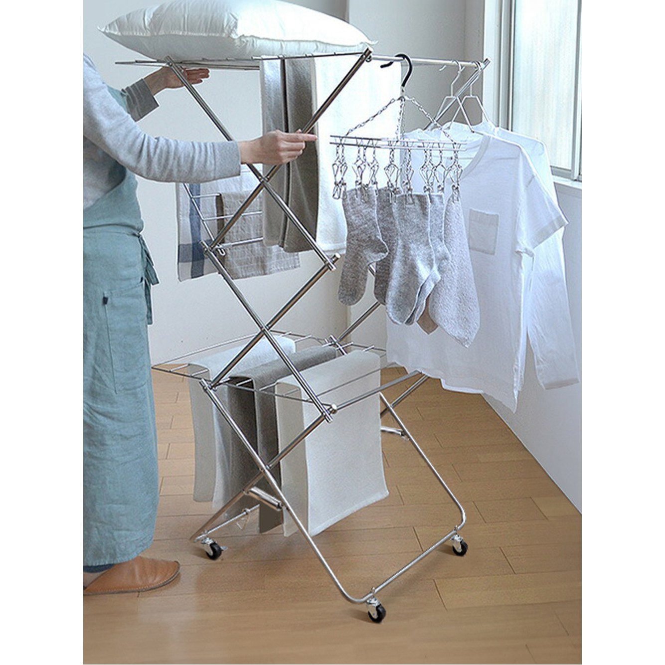 높이 타워형 제작소 2단 3단 실내용 건조대 세탁용품 151cm) 오키제작소 빨래 1 [전체 하중 15kg] 가로 73.5x세로 - 상세 이미지 2