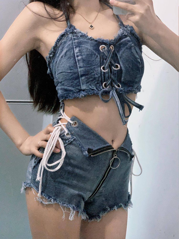 데님 핫팬츠 청바지 반바지 하이웨이스트 여자 스판 나시티 크롭탑 - 상세 이미지 4