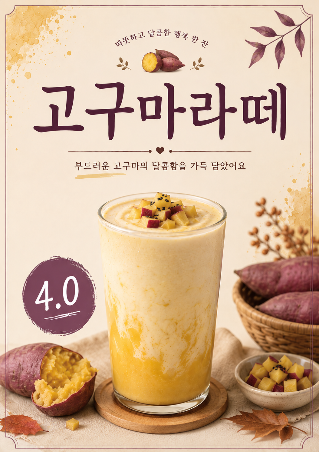 고구마라떼 포스터 제작 메뉴 인쇄 디자인 카페 반광택 인화지 235g A3 - 상세 이미지 2