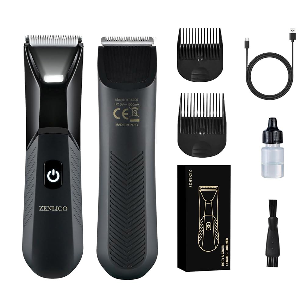 젠리코 맨스케이프 바디 헤어 트리머, 남성용 퍼빅 USB-C 충전 세라믹 블레이드 면도기, LED 스포트라이트가 장착된 교체용 헤드 볼 90분 면도, 남성에게 이상적인 선물 - 상품 이미지