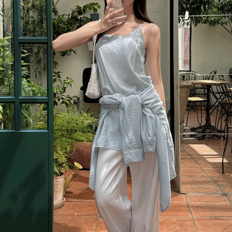 루즈핏 카라넥 셔츠 스트랩 뷔스티에 미니 원피스 세트 이미지 7