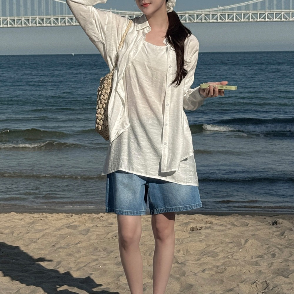 루즈핏 카라넥 셔츠 스트랩 뷔스티에 미니 원피스 세트 이미지 8