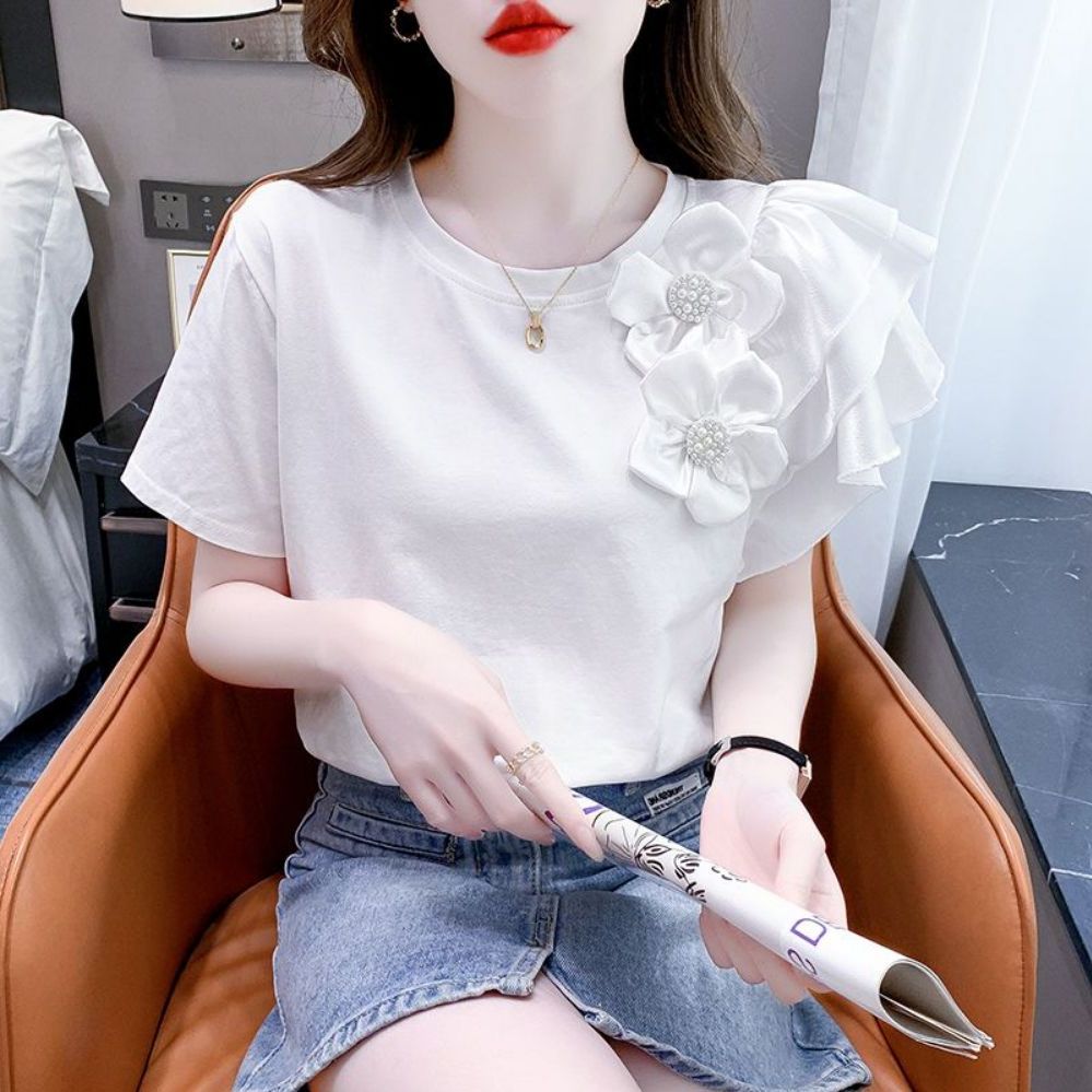 반팔 흰남방 시스루 블라우스 셔링 퍼프 티블라우스 셔츠 여성 여름 레이스 긴팔 루즈핏 타이 - 상품 이미지