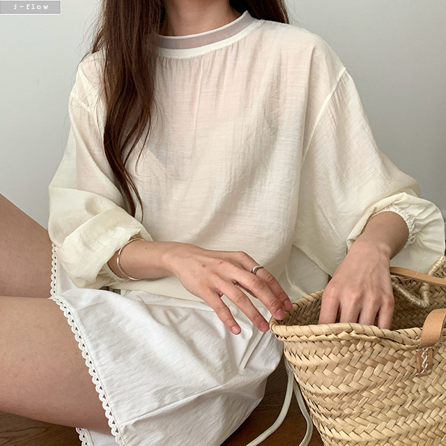 프래피 이중 라운드넥 스트링 시스루 블라우스 2col 봄 여름 맨투맨 루즈핏 제이플로우 이미지 8