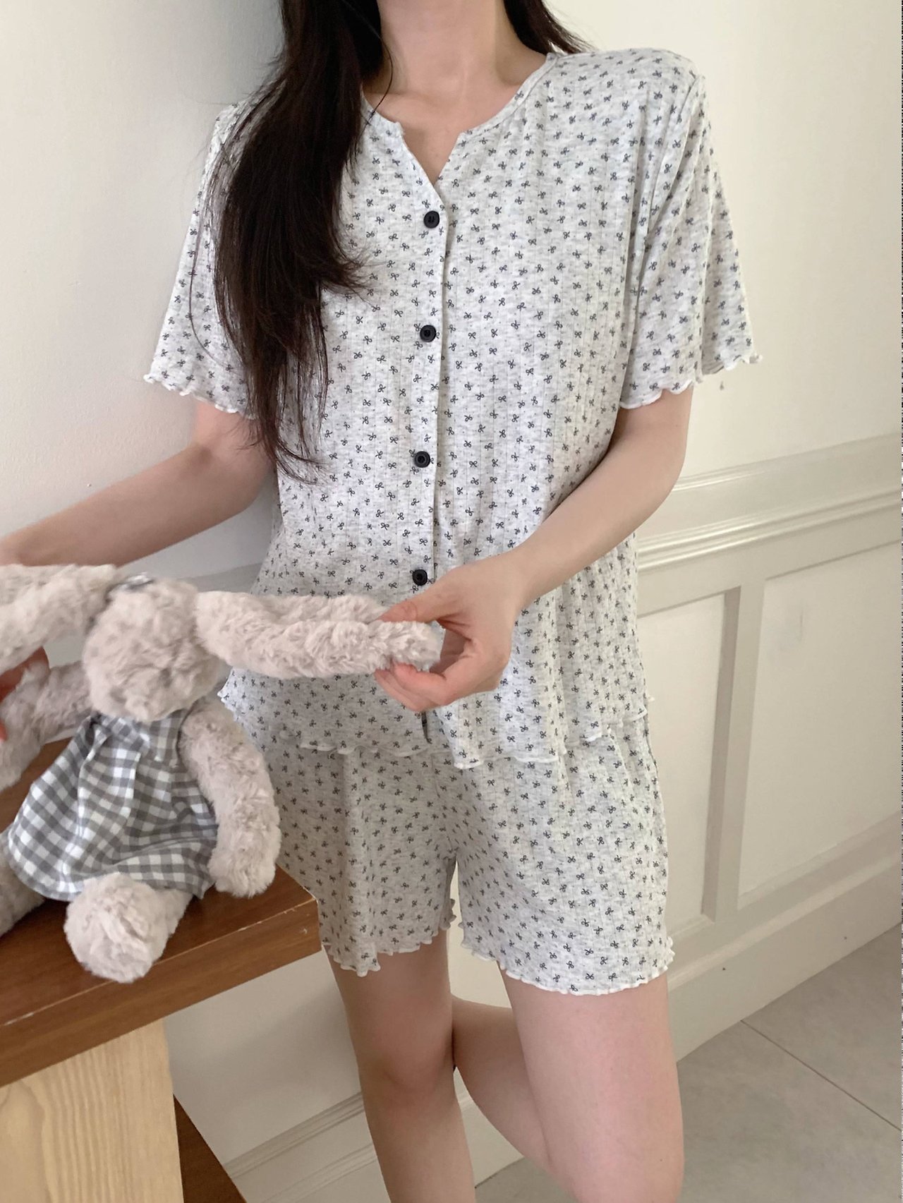 잔꽃 캡내장 반팔잠옷 반바지 노브라 스판 수유 홈웨어 파자마 여름 이미지 6