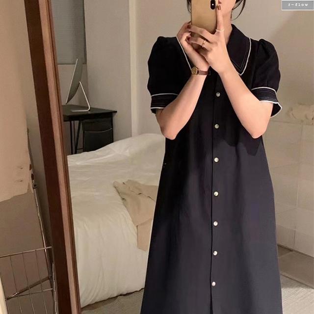스텔라 린넨 배색 카라 버튼 롱원피스 (오트밀,네이비) 여름 봄 맥시 루즈핏 제이플로우 - 상품 이미지