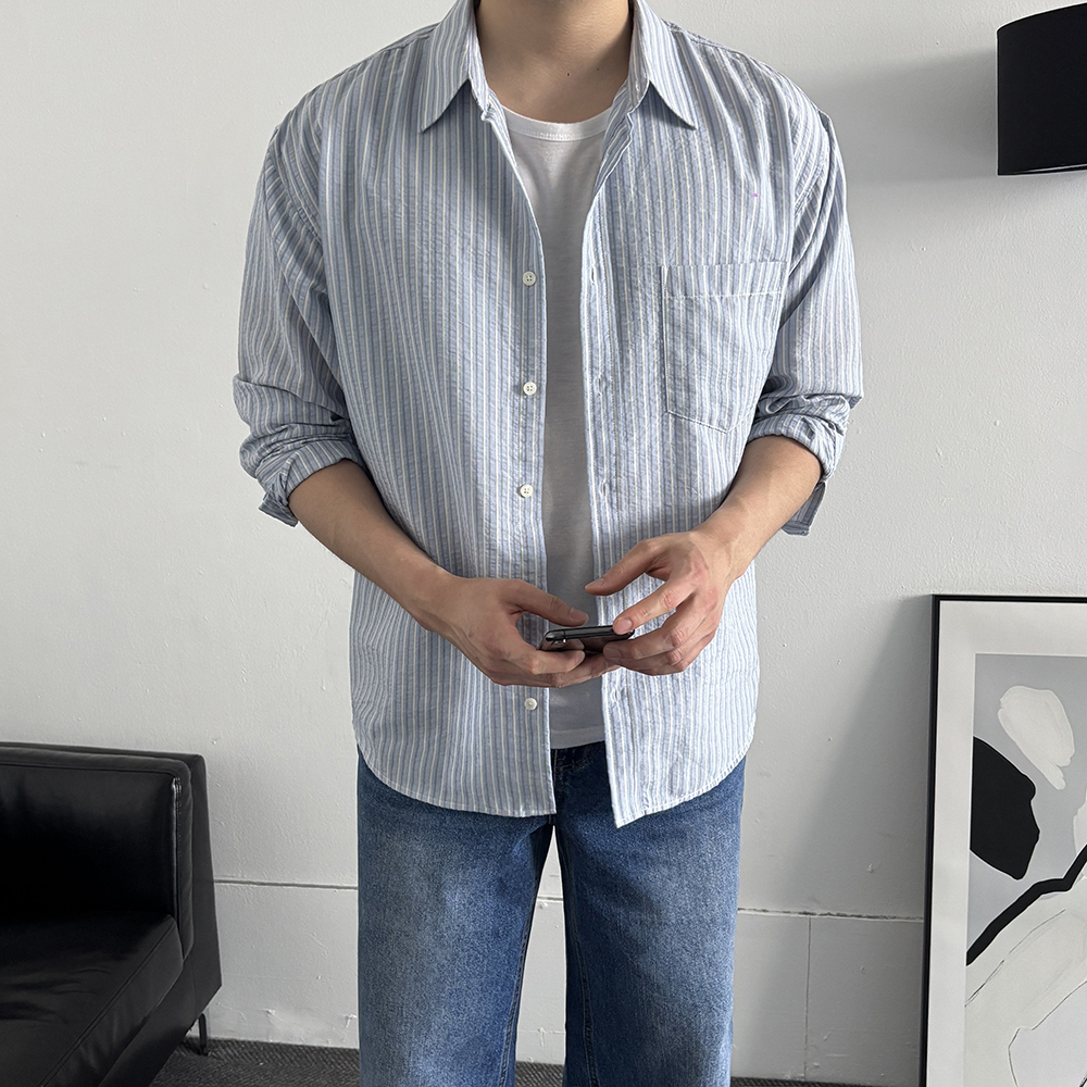 1+1 남자셔츠 크롭 남성스트라이프셔츠 - 상세 이미지 2