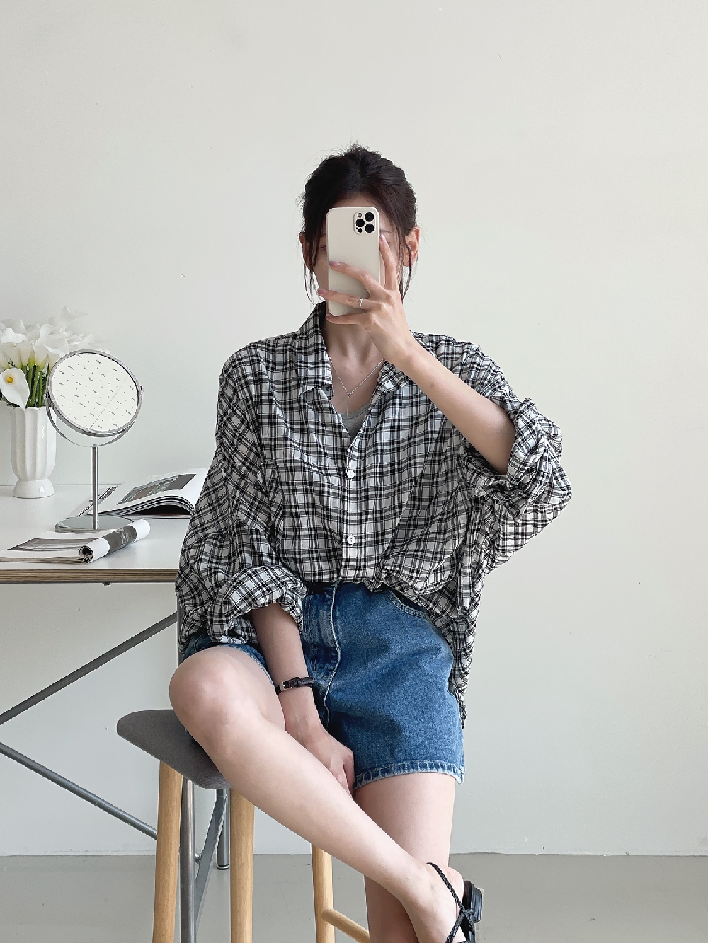 살안타템 체크셔츠 시스루셔츠 여름 빅사이즈 오버핏 레이어드 긴팔 남방 - 상세 이미지 5