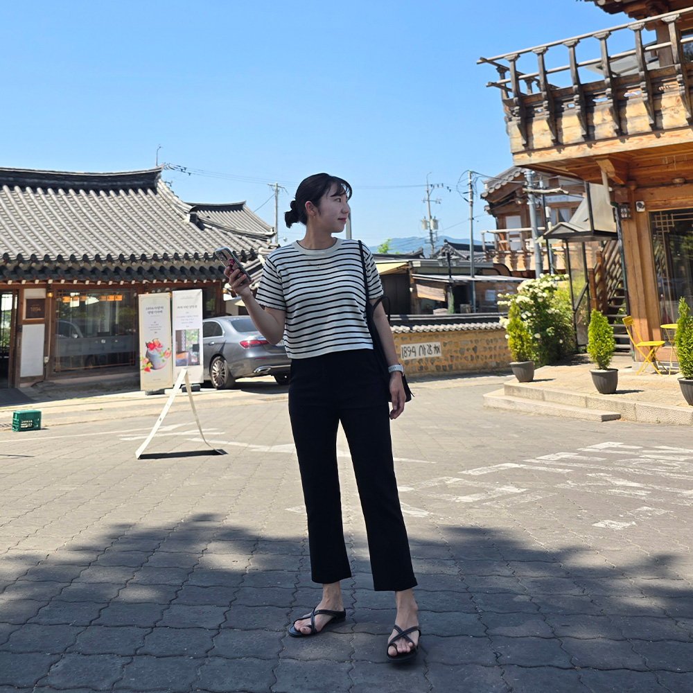 키작녀바지 여자 슬림핏 슬랙스 여름 8부 블랙 팬츠 - 상세 이미지 4