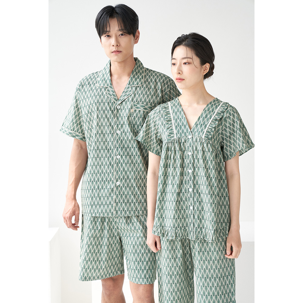 오리엔탈 커플 여름 반팔 순면 아사면 잠옷 파자마 홈웨어 세트 - 상세 이미지 5