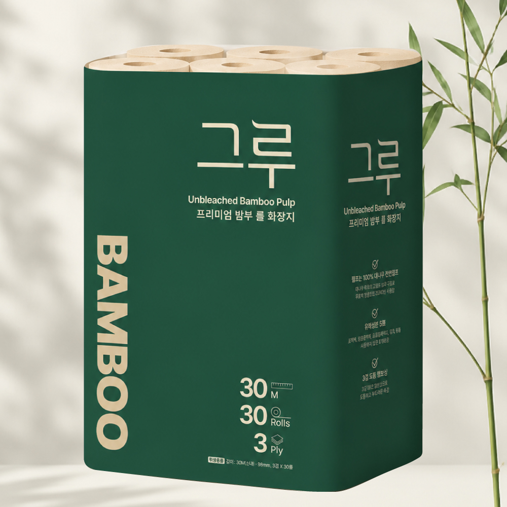 그루 대나무 휴지 먼지없는 무표백 두루마리 화장지 30m, 30롤, 3팩 - 상세 이미지 2