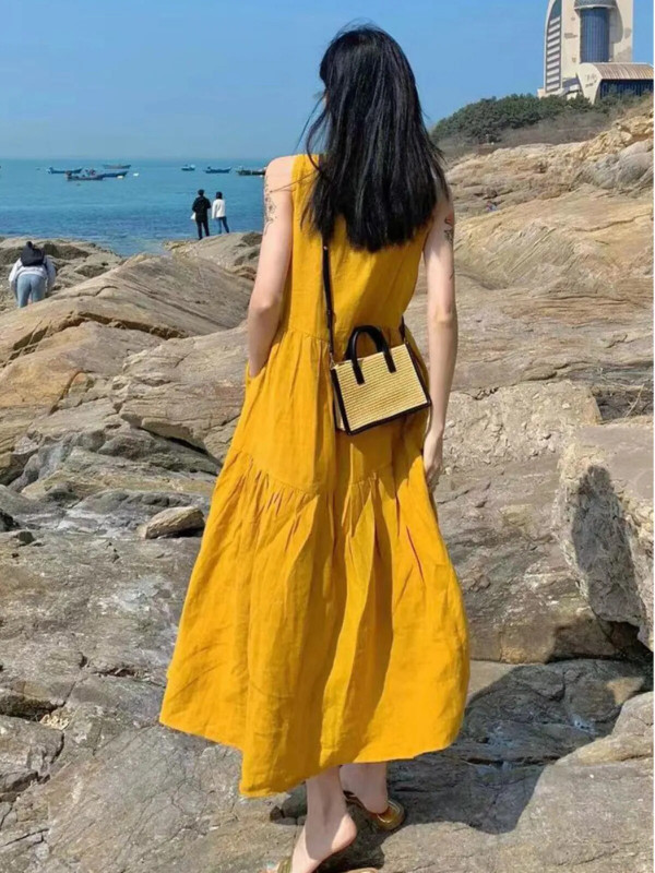 여름 나시 루즈핏 휴양지 민소매 롱 린넨 - 상세 이미지 3