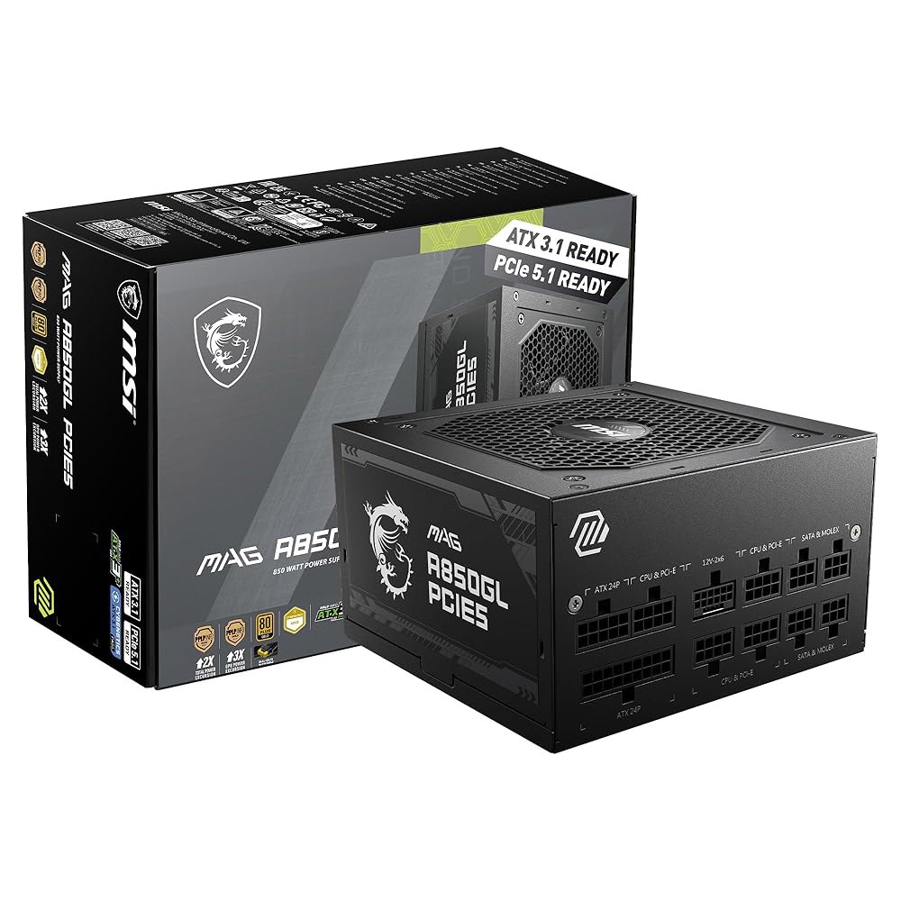MSI MAG A850GL PCIE5, 완전 모듈식 컴팩트 게이밍 850W 전원 공급 장치, 80+ 골드, ATX 3.1 및 PCIe 5.1 준비 완료, 네이티브 듀얼 컬러 12V - 상품 이미지