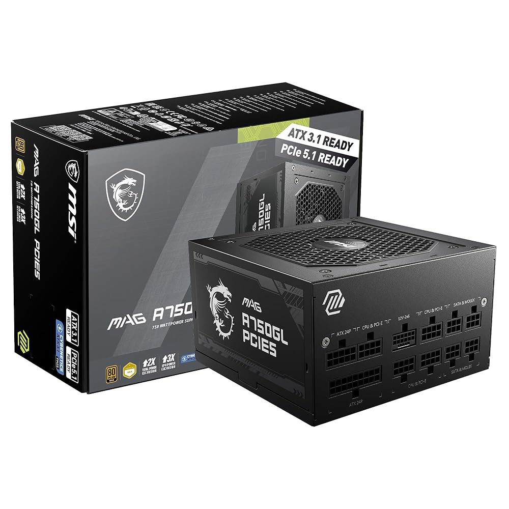 MSI MAG A750GL PCIE5, 완전 모듈식 컴팩트 게이밍 750W 전원 공급 장치, 80+ 골드, ATX 3.1 및 PCIe 5.1 준비 완료, 네이티브 듀얼 컬러 12V - 상품 이미지