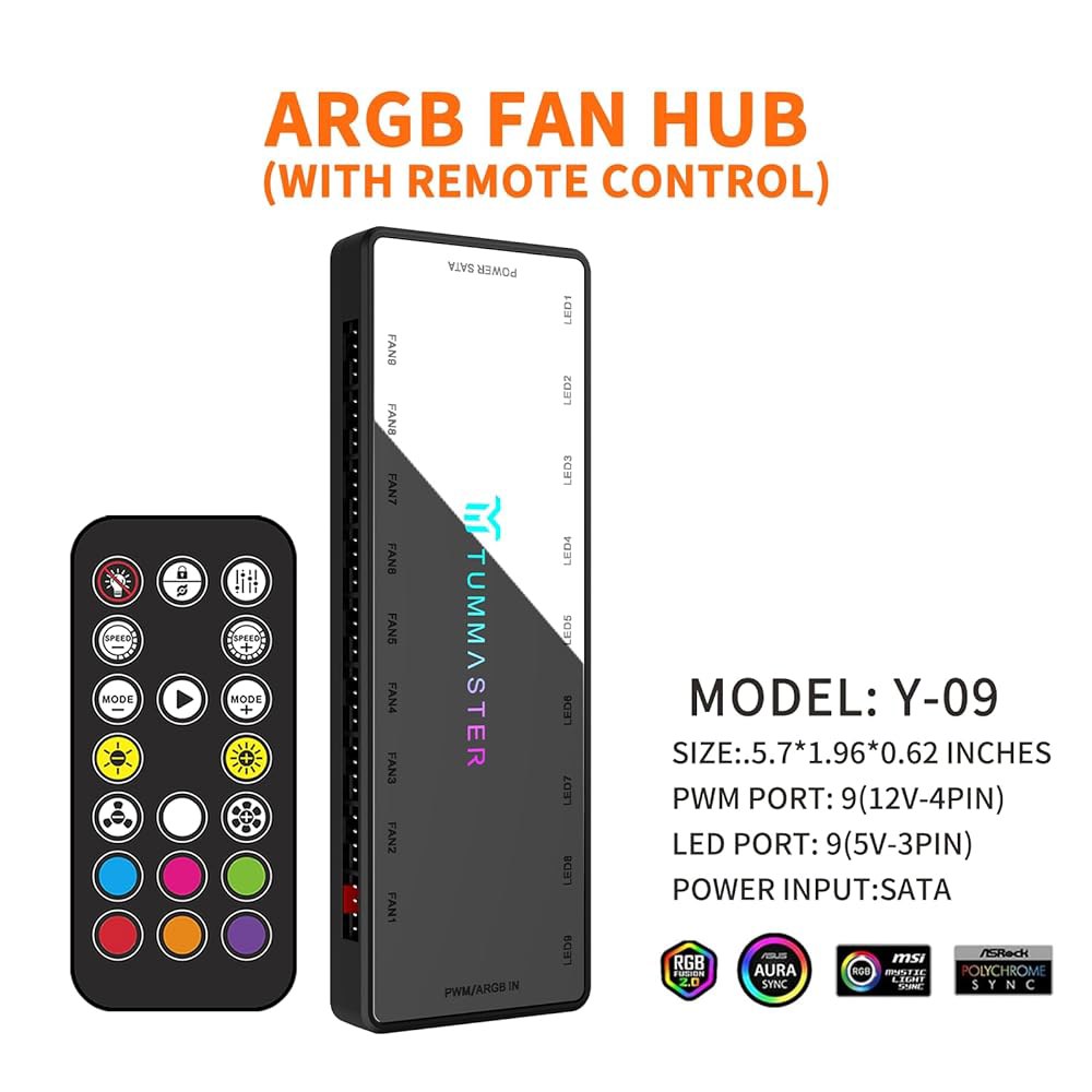 TUM마스터 ARGB 팬 허브 5V-3핀 LED 4핀 PWM 컨트롤러 RF 리모컨 Y-09 Silver - 상세 이미지 2